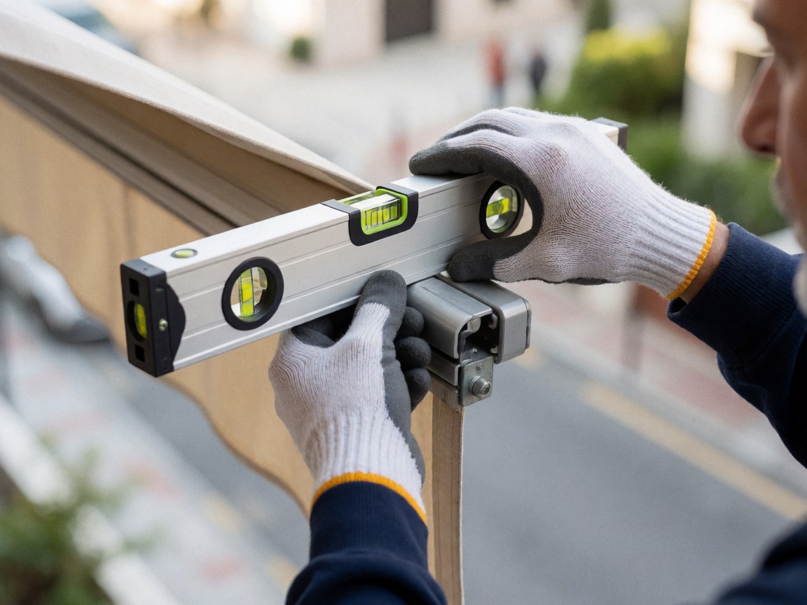 Technicien portant des gants utilise un niveau numérique sur le support d'un store en métal, avec un fond urbain flou et une lumière naturelle mettant en valeur l'outil.