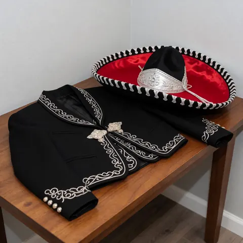 Un costume charro noir orné de broderies argentées et un chapeau à doublure rouge posés sur une table en bois, idéal pour la décoration d'événements.