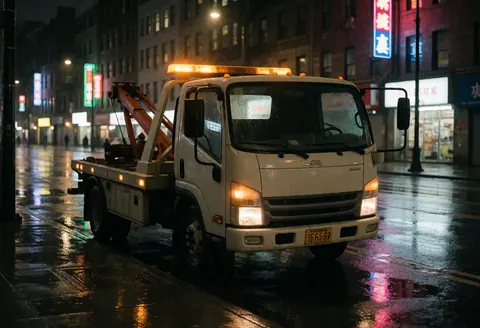 Remorqueur blanc stationné sur une rue mouillée la nuit, feux d'urgence allumés, reflets de néon dans l'eau, sans personnes visibles.