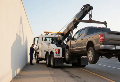 Un remorqueur industriel soulève une camionnette au bord de la route. Un opérateur travaille à proximité sous un ciel dégagé et ensoleillé, illustrant la puissance du matériel de récupération.