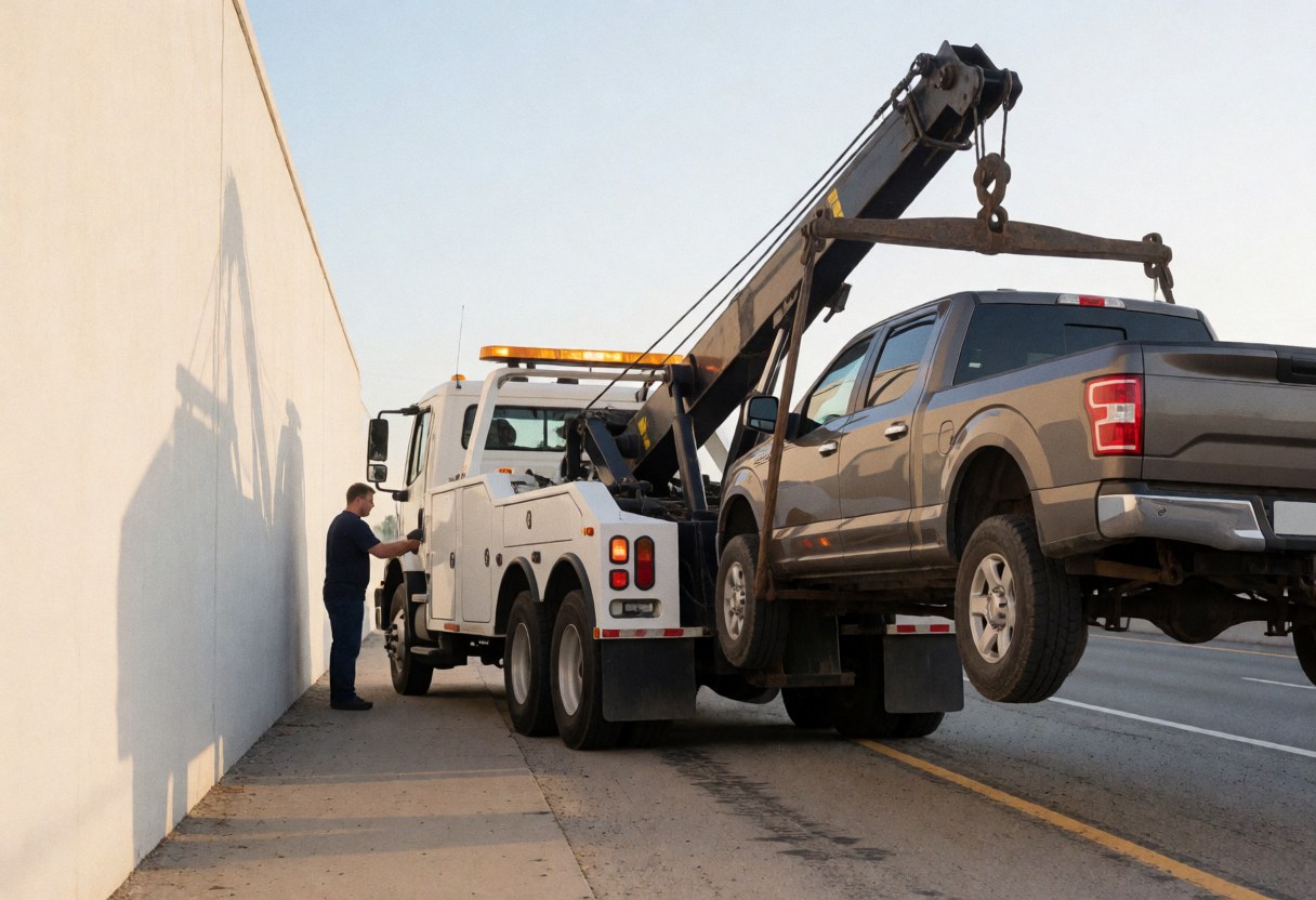 Un remorqueur industriel soulève une camionnette au bord de la route. Un opérateur travaille à proximité sous un ciel dégagé et ensoleillé, illustrant la puissance du matériel de récupération.