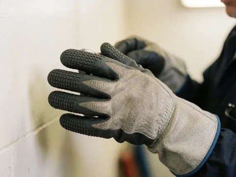 Gros plan d'une main avec un gant de travail en caoutchouc montrant la texture et le design antidérapant dans un atelier.