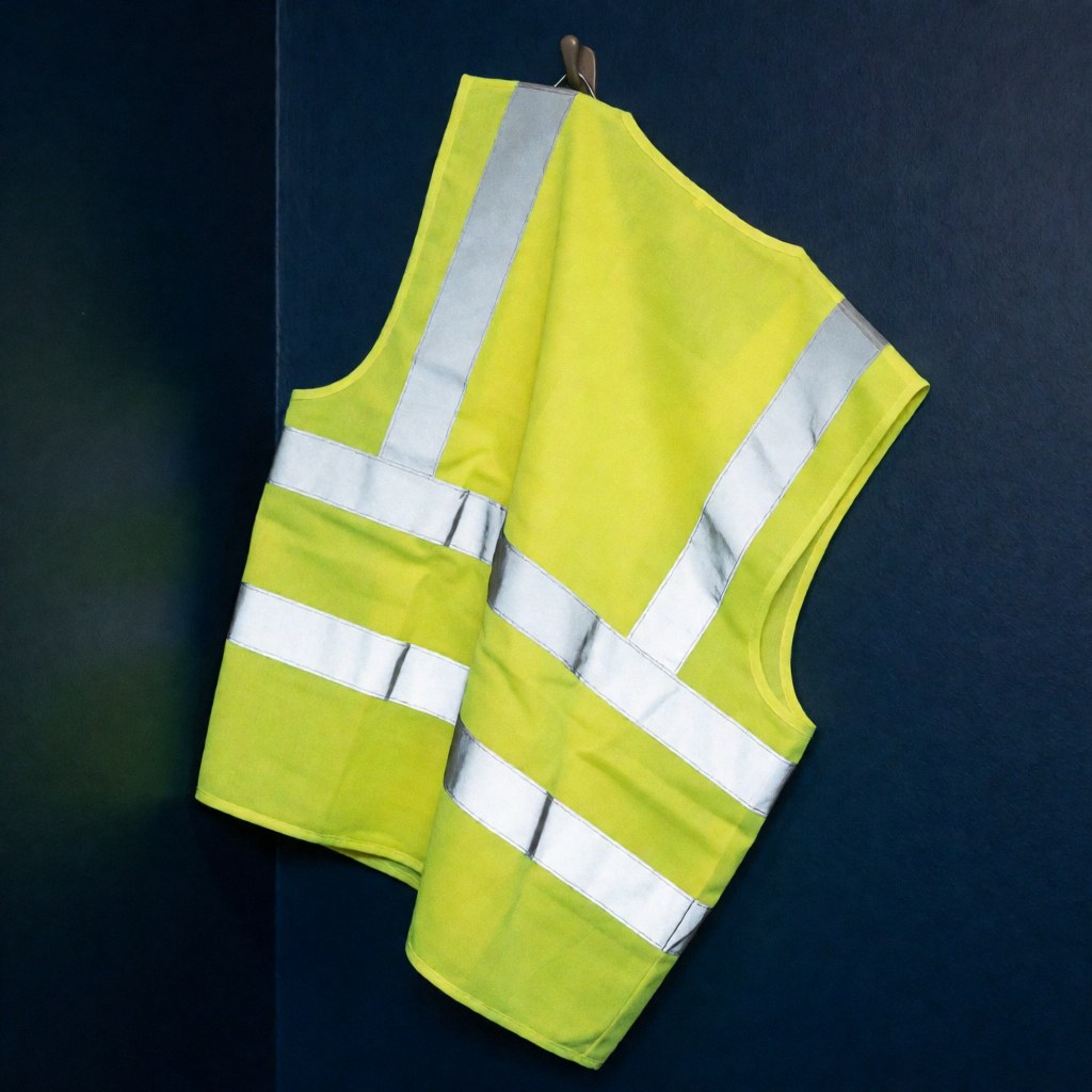 Un gilet de sécurité jaune avec des bandes réfléchissantes est accroché sur un mur bleu marine, éclairé par une lumière chaude qui met en valeur ses détails et sa texture.