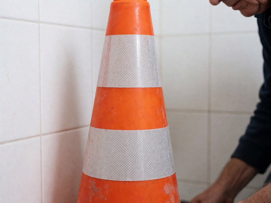 Main d'un travailleur ajustant un cône de sécurité orange à bandes blanches réfléchissantes devant un mur de carreaux blancs.