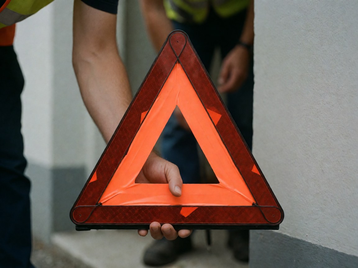 Une main dépose un triangle orange réfléchissant au sol pour signaler un danger, avec un fond flou et des murs gris clair.