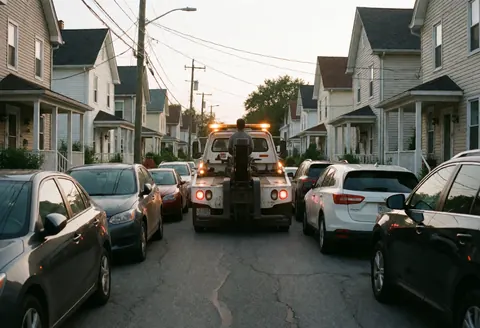 Vue arrière d'un camion remorqueur aux feux d'urgence activés, circulant dans une rue étroite entre maisons et voitures stationnées au crépuscule.