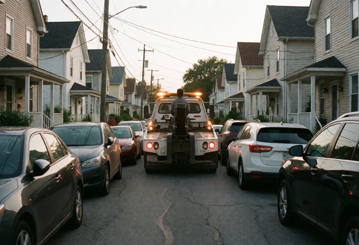 Vue arrière d'un camion remorqueur aux feux d'urgence activés, circulant dans une rue étroite entre maisons et voitures stationnées au crépuscule.