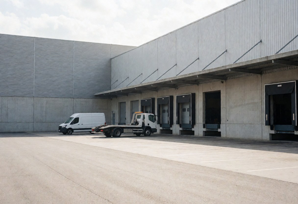 Un remorqueur blanc et une camionnette sont garés devant des quais de chargement dans une vaste zone industrielle vide, sous un éclairage naturel sur un sol en béton.