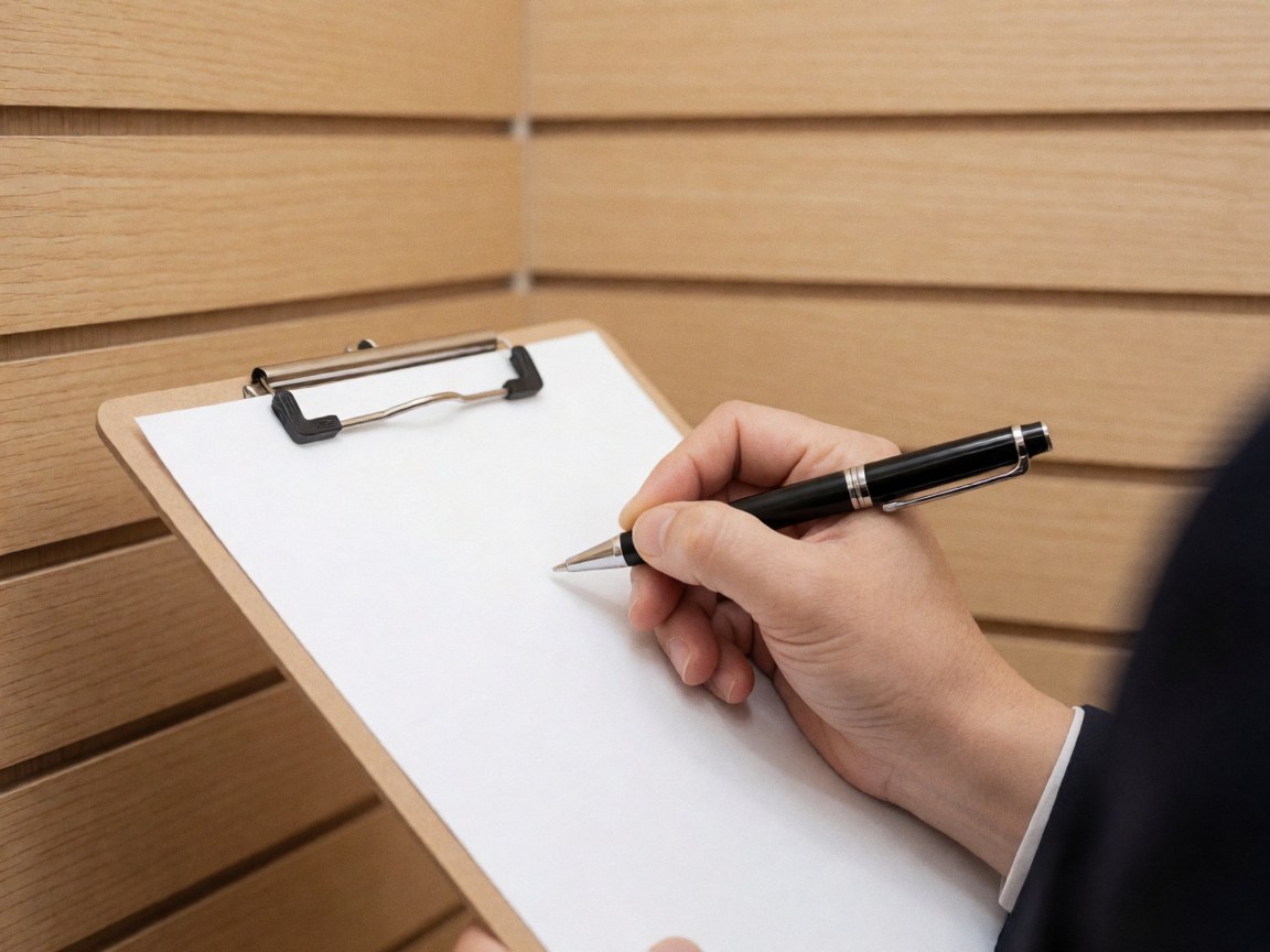 Une main adulte écrit avec un stylo sur un classeur blanc posé sur une surface en bois clair, dans un contexte professionnel et épuré.