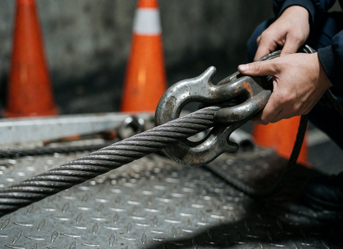 Des mains ajustent un épais câble d'acier fixé à un crochet métallique sur une plateforme en acier, avec des cônes de signalisation orange flous en arrière-plan.