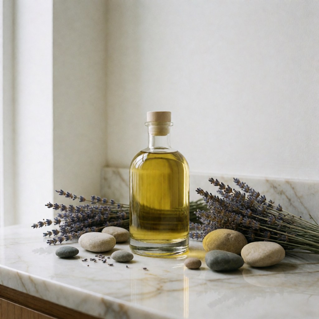 Flacon d'huile d'argan posé sur une surface en marbre blanc, accompagné de fleurs de lavande séchées et de pierres lisses, éclairé par une lumière naturelle douce.