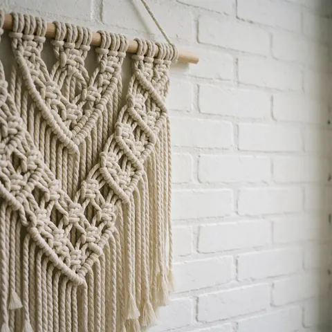 Un macramé en corde naturelle avec des nœuds carrés et des franges, accroché à un mur de briques peintes en blanc sous une lumière douce.