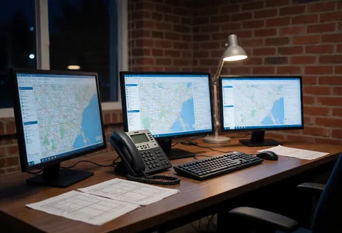 Intérieur nocturne d'un bureau de remorquage montrant trois moniteurs, un téléphone, un clavier et des documents sur un bureau en bois devant un mur de briques.