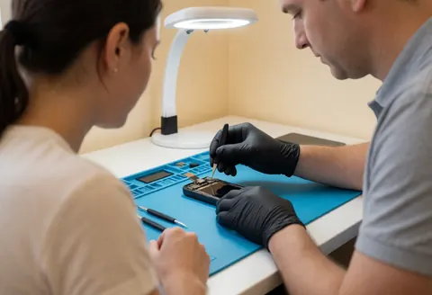 Un technicien en gants noirs répare un smartphone sur une table bleue avec une lampe de travail, tandis qu'une autre personne observe la scène.