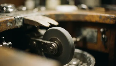 Vue rapprochée d'un polirotatif sur une table de travail en bois avec des outils dans un atelier de bijouterie et horlogerie.