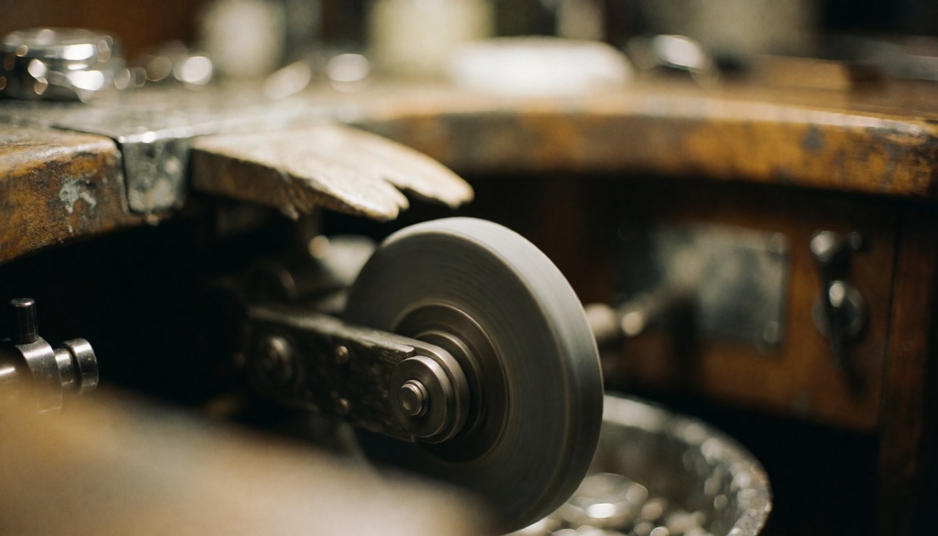 Vue rapprochée d'un polirotatif sur une table de travail en bois avec des outils dans un atelier de bijouterie et horlogerie.