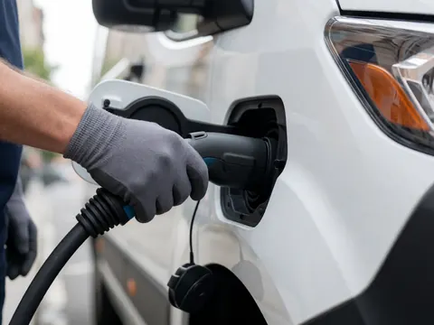 Gant gris connectant un câble noir à la prise d'un camion électrique blanc en milieu urbain.