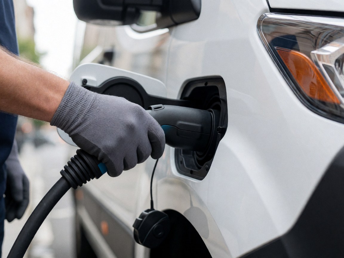Gant gris connectant un câble noir à la prise d'un camion électrique blanc en milieu urbain.