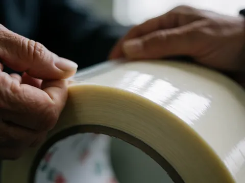Gros plan détaillé des mains d'un adulte en train de poser du ruban adhésif de cartonnage sur un colis, avec un fond flou et une éclairage naturel réaliste.