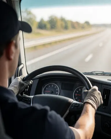Vue intérieure d'un camion montrant un conducteur aux mains gantées tenant le volant, avec le tableau de bord et la vitre visibles sur une route dégagée.