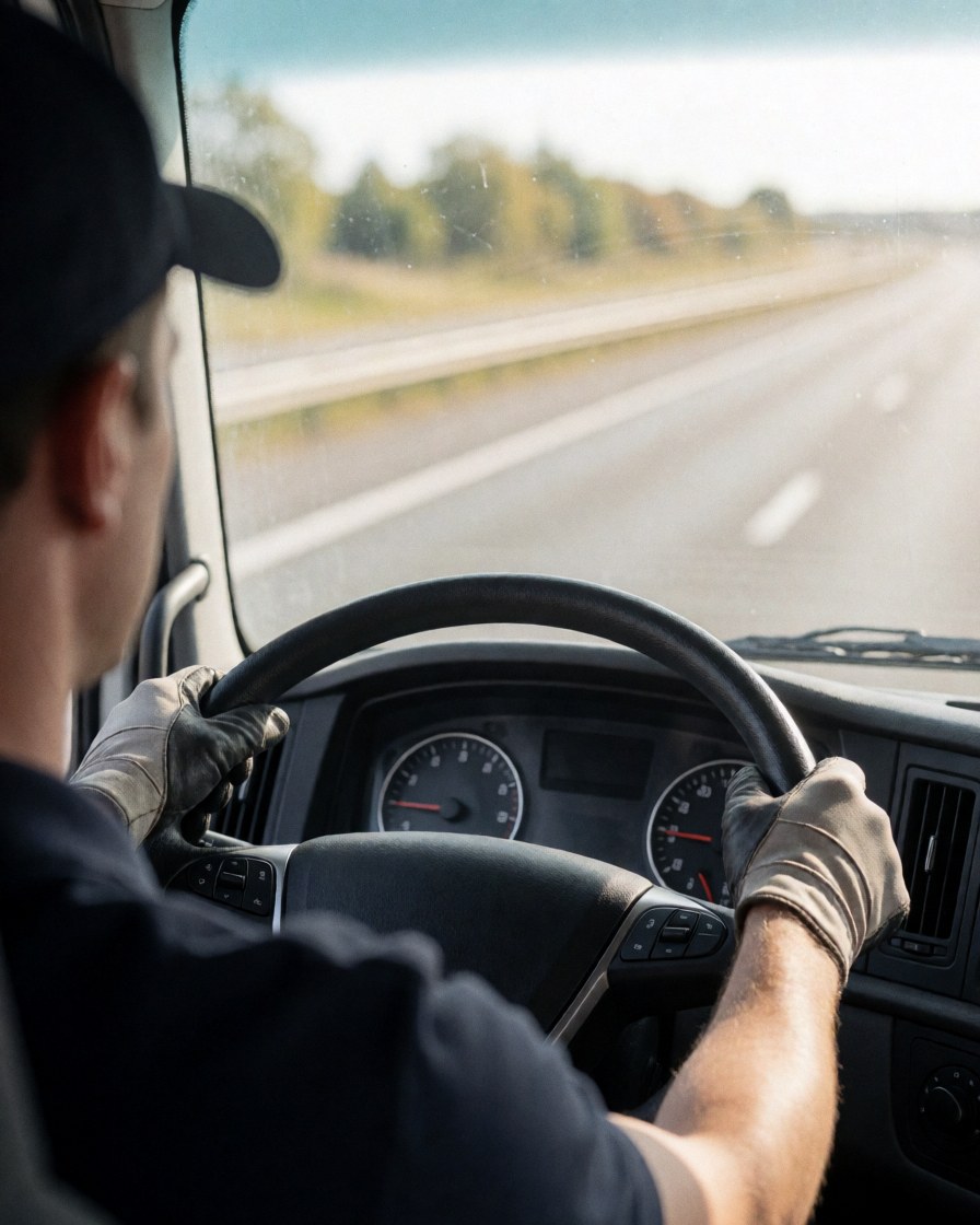 Vue intérieure d'un camion montrant un conducteur aux mains gantées tenant le volant, avec le tableau de bord et la vitre visibles sur une route dégagée.