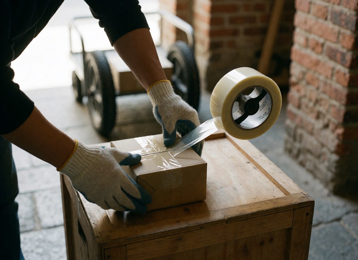 Des mains portant des gants de travail ferment un paquet avec du ruban transparent sur une caisse en bois, roues de chariot et mur de briques en arrière-plan.