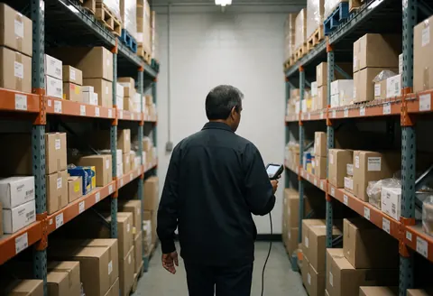 Un employé navigue entre des rayons remplis de cartons en entreposant des marchandises avec un appareil de lecture de code-barres sous un éclairage industriel fonctionnel.
