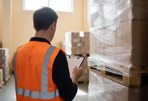 Un chauffeur de transport vérifie une liste à côté de palettes de marchandises sous plastique dans un entrepôt éclairé par la lumière naturelle.
