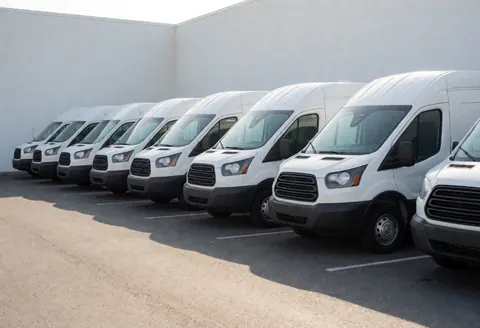 Plusieurs camionnettes blanches stationnées en ligne sur un parking asphalté avec des murs blancs, éclairage matinal, idéal pour le transport et la logistique.