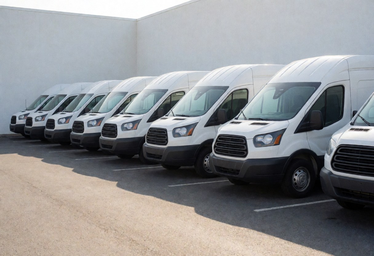 Plusieurs camionnettes blanches stationnées en ligne sur un parking asphalté avec des murs blancs, éclairage matinal, idéal pour le transport et la logistique.