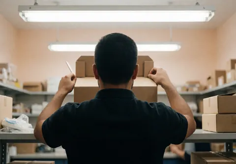 Un employé de logistique scelle une boîte en carton dans un entrepôt avec des étagères de fournitures en arrière-plan sous un éclairage fluorescent.