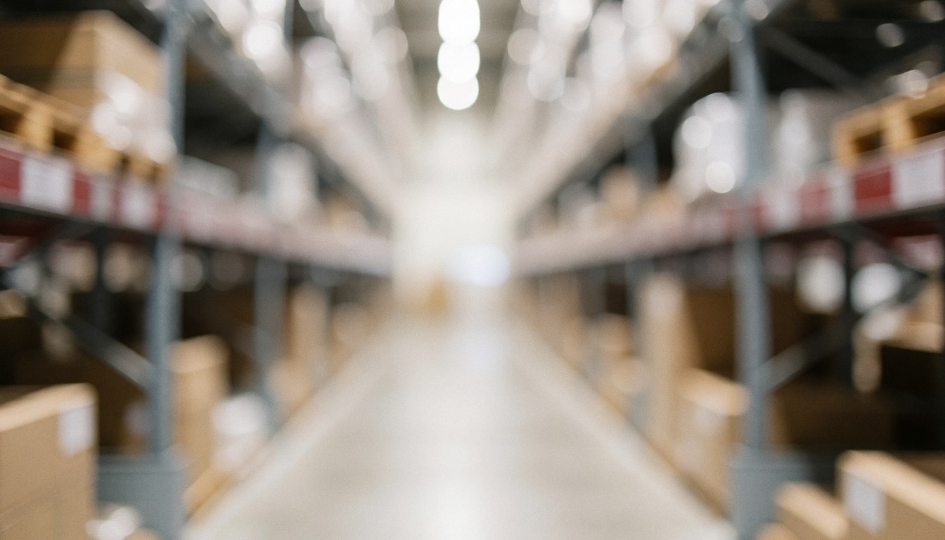 Fond d'entrepôt industriel avec des étagères métalliques et des palettes en bois, éclairage neutre, idéal pour textes commerciaux.