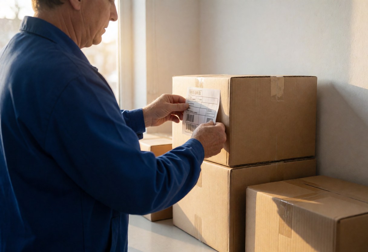 Un employé en logistique colle une étiquette d'envoi sur une boîte en carton dans un environnement professionnel éclairé par la lumière naturelle.