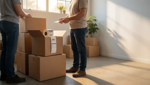 Deux collaborateurs apposent des étiquettes sur des cartons dans un espace logistique lumineux et organisé, avec des végétaux en arrière-plan.