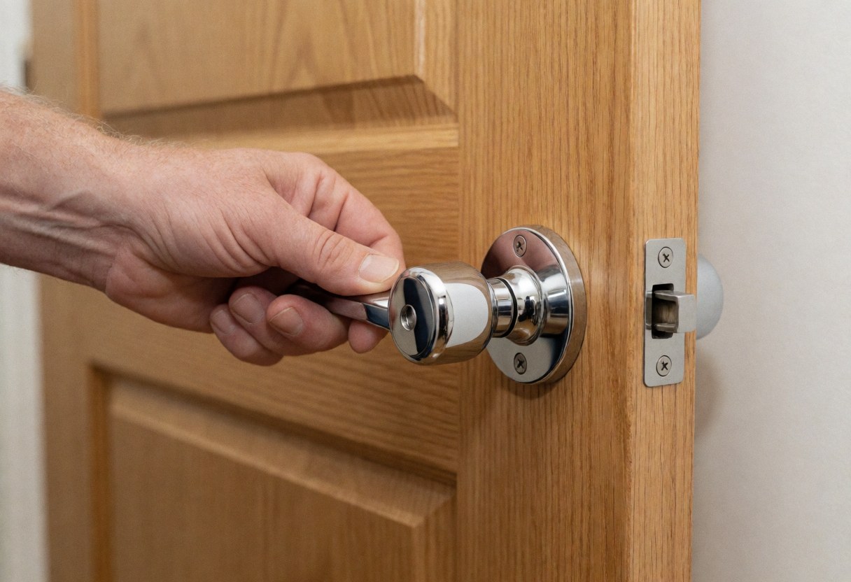 Une main adulte actionne une poignée chromée sur une porte en bois, révélant le mécanisme de fermeture dans un intérieur à la lumière chaude.