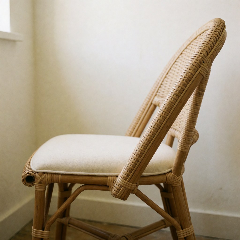 Vue latérale d'une chaise en rotin au tissu blanc fraîchement remplacé dans un atelier aux murs clairs, idéale pour les professionnels de la tapiserie.