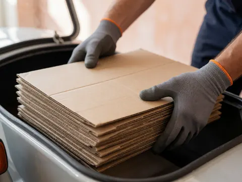 Des mains portant des gants placent des boîtes en carton dans le compartiment arrière d'un véhicule de transport, illustrant une opération de chargement.