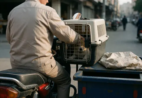 Un conducteur de moto-taxi transporte son chien dans une caisse fixée sur la moto, dans une rue urbaine calme au matin.