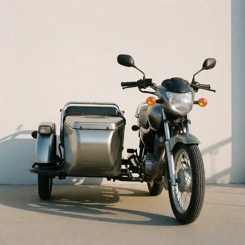Un moto-taxi équipé d'un sidecar clos et propre est garé contre un mur blanc sous la lumière du matin, projetant de longues ombres dans une rue silencieuse.