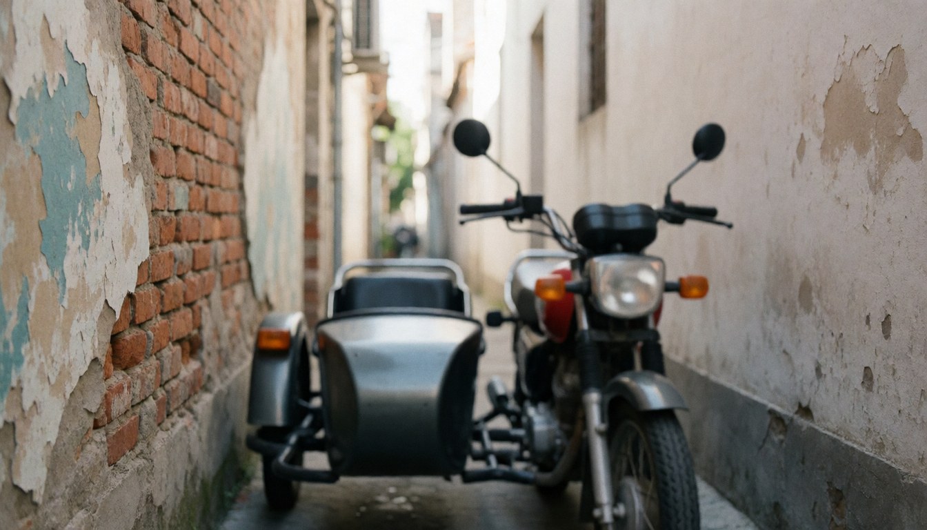 Moto-taxi stationné dans une rue étroite entre des murs de briques et une peinture écaillée, offrant un fond texturé adapté à l'ajout de texte.