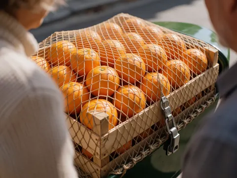 Caisse en bois remplie d'oranges dans un filet, fixée par une chaîne sur un sidecar. Mains au travail sous la lumière du soleil avec un fond flou.