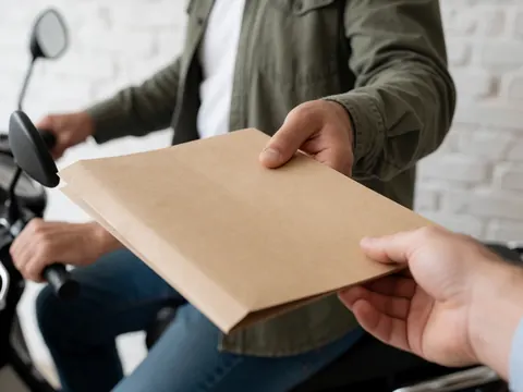 Gros plan d'une main remettant un dossier en papier brun à un client, avec le conducteur de moto-taxi et un mur de briques blanches en arrière-plan sous lumière naturelle.