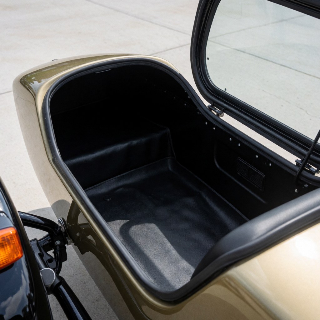 Intérieur du coffre d'attelage latéral de moto-taxi avec siège noir, porte ouverte sur sol en béton, propre et prêt au transport.