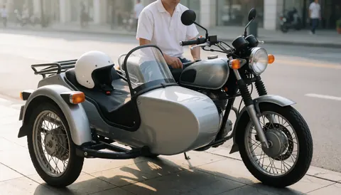 Moto-taxi équipé d'un sidecar blanc stationné sur le trottoir en lumière du matin, aspect professionnel sans visage visible