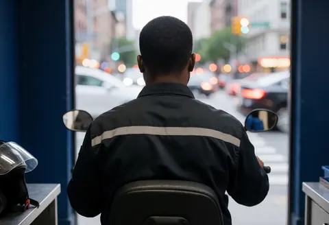 Chauffeur en uniforme avec bandes réfléchissantes et casque, attendant dans une intersection urbaine aux lumières floues.