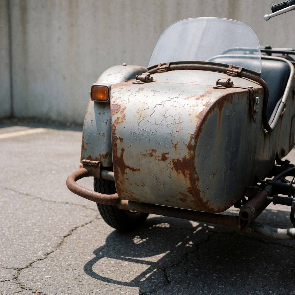 Coffre latéral de moto-taxi ancien présentant une peinture écaillée, de la rouille, des charnières et des serrures visibles sur un asfalto fissuré sous un soleil éclatant.