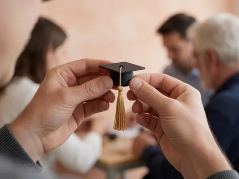 Gros plan d'un pompon de bonnet de diplômé tenu par des mains, avec un arrière-plan flou montrant des personnes.