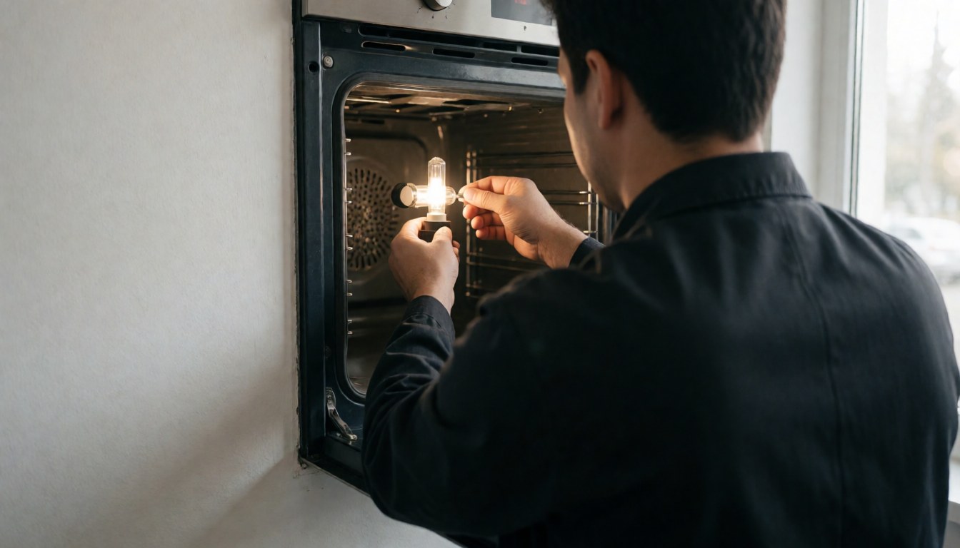 Un technicien répare un four en installant une ampoule LED à l'intérieur du four ouvert.