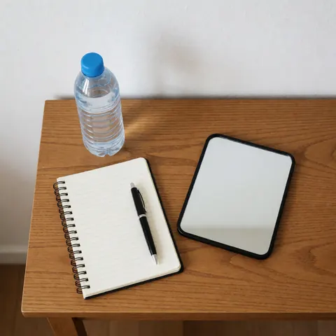 Kit d'échauffement vocal composé d'un miroir, d'un cahier et d'une bouteille d'eau disposés sur une table en bois. Idéal pour les ateliers de théâtre.