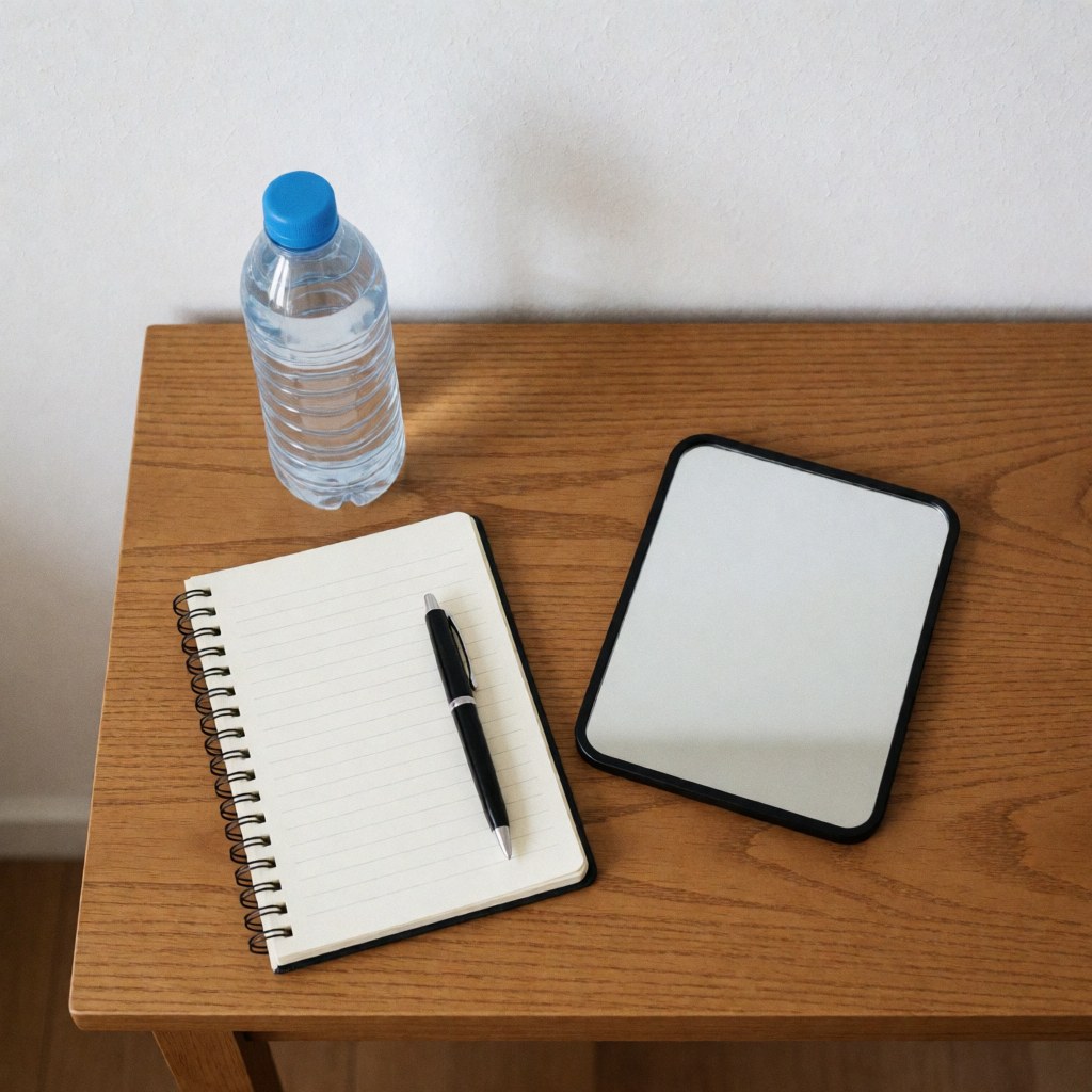 Kit d'échauffement vocal composé d'un miroir, d'un cahier et d'une bouteille d'eau disposés sur une table en bois. Idéal pour les ateliers de théâtre.